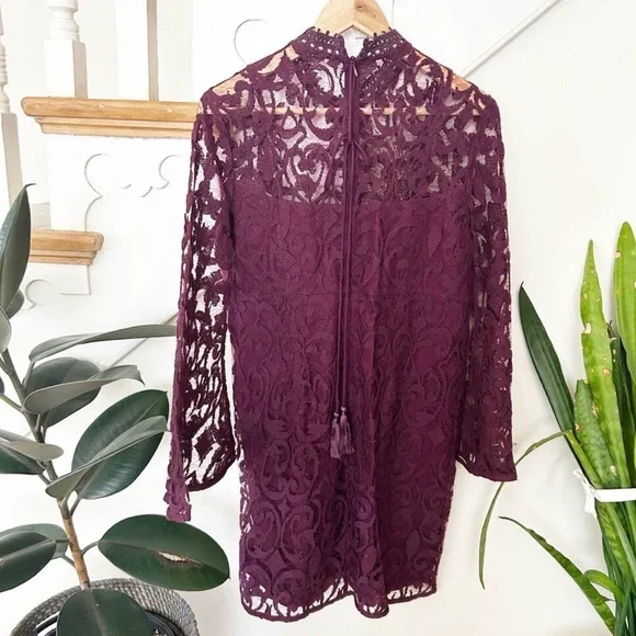 NWT Free People North Star Lace A-Line Mini Dress Plum Bell Sleeve Size 12 - Picture 8 of 9